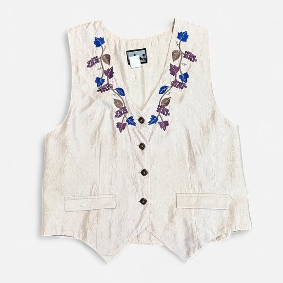 VTG 90s Around Town Shimmery Ivory & Blue & Purple Floral Embroidered Vest L - Picture 6 of 8